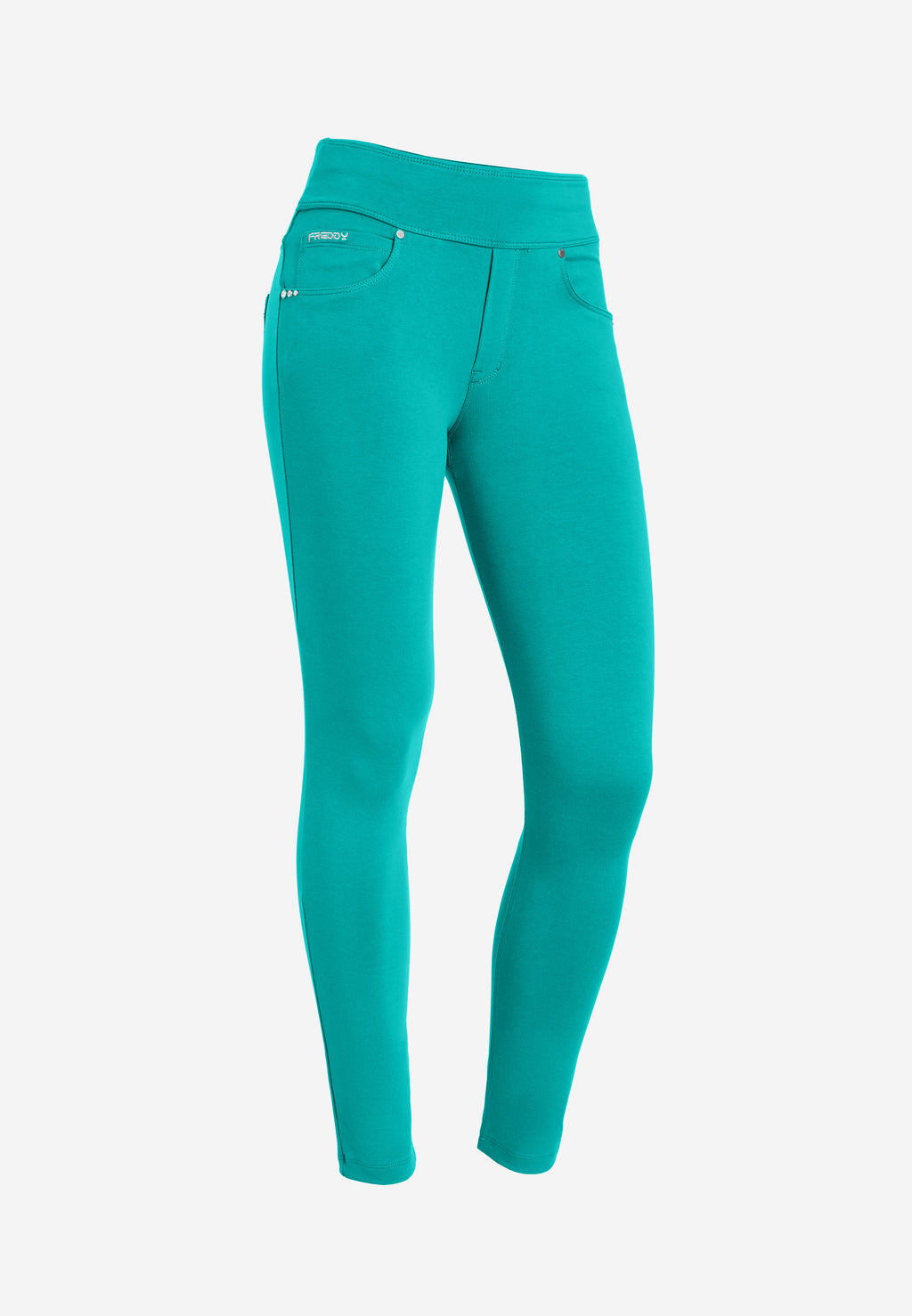Freddy N.O.W.® slim fit kalhoty s ohrnovacím pasem (fold-over waist) v tyrkysové barvě