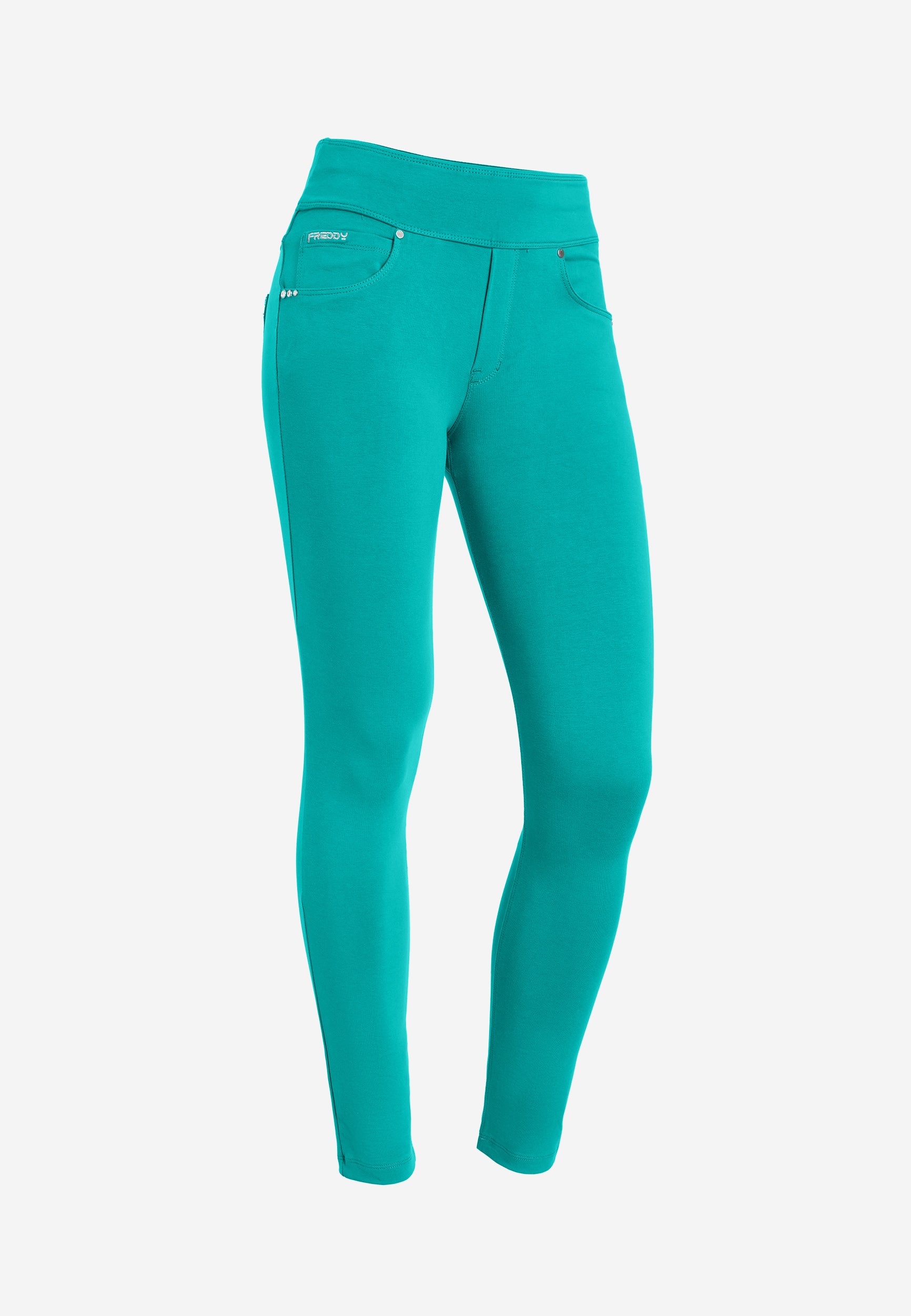 Freddy N.O.W.® slim fit kalhoty s ohrnovacím pasem (fold-over waist) v tyrkysové barvě