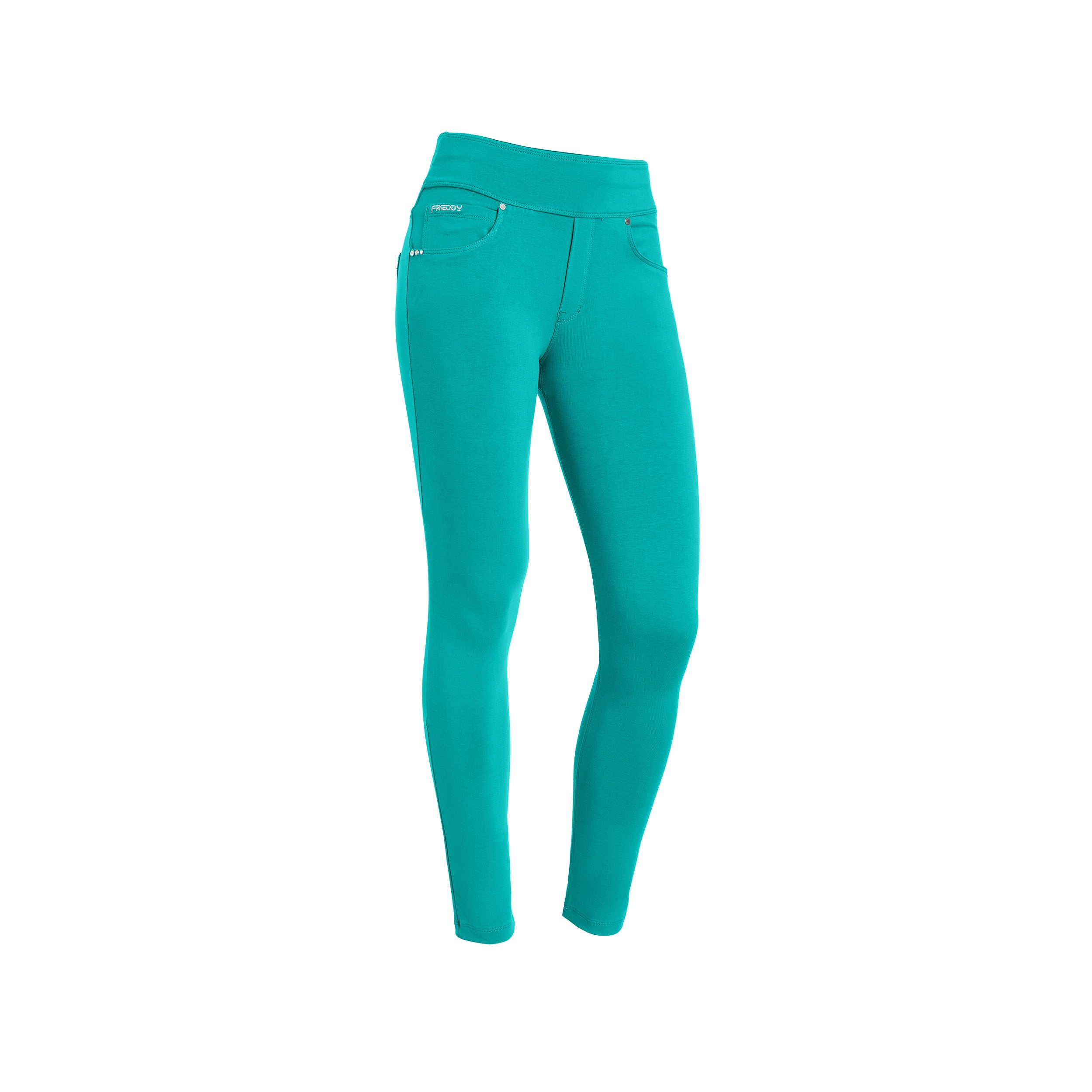 Freddy N.O.W.® slim fit kalhoty s ohrnovacím pasem (fold-over waist) v tyrkysové barvě