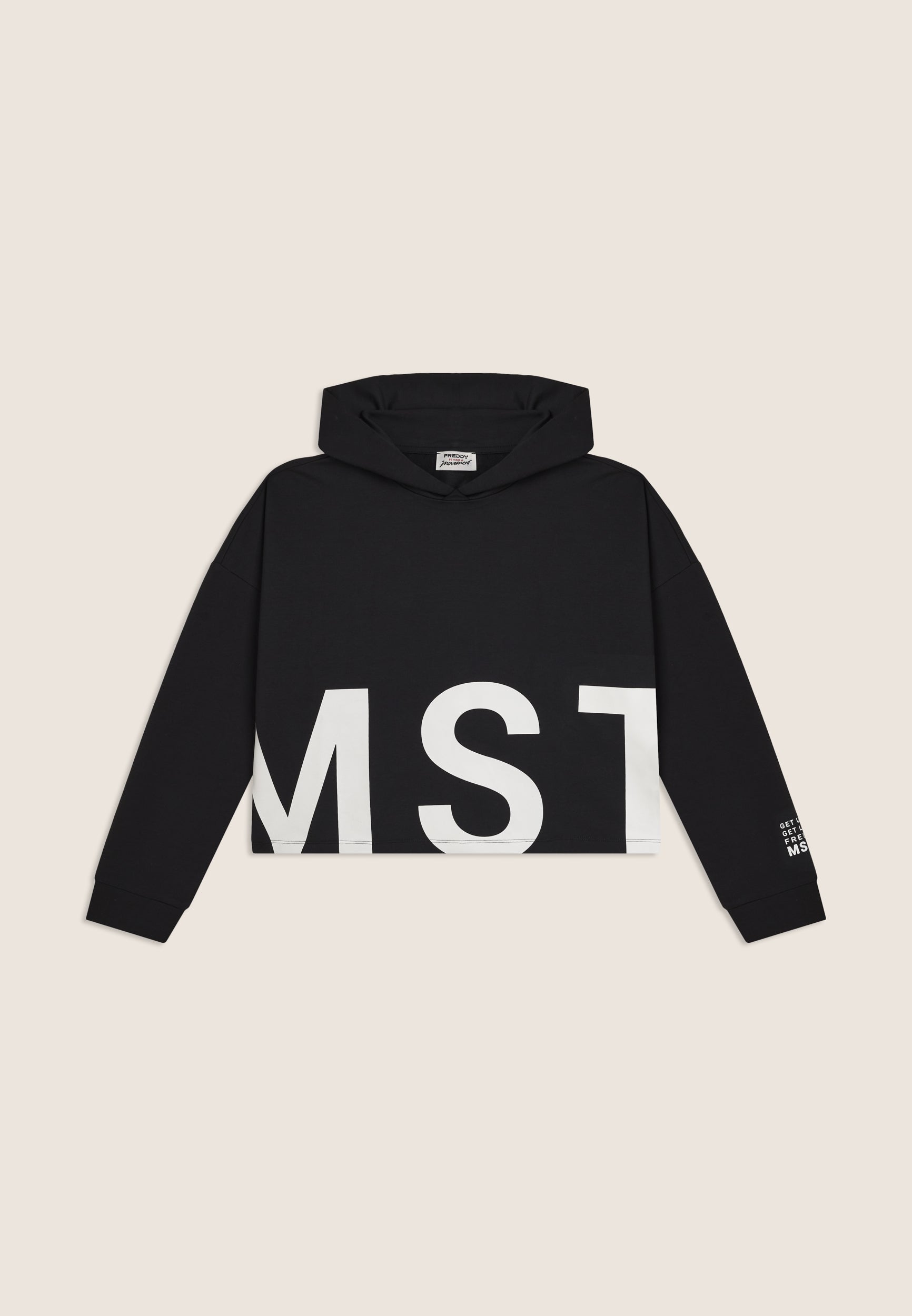 Oversize cropped mikina s kapucí a potiskem MST v černé barvě