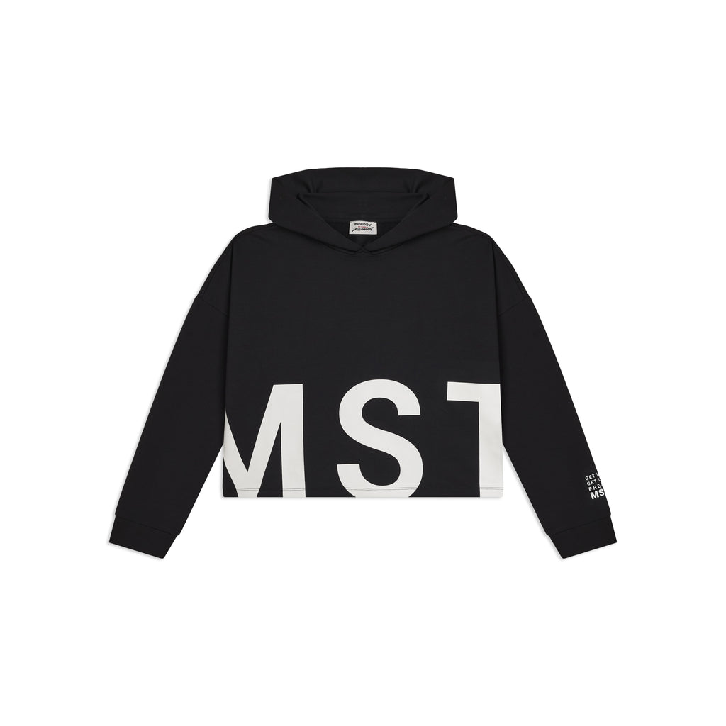 Oversize cropped mikina s kapucí a potiskem MST v černé barvě