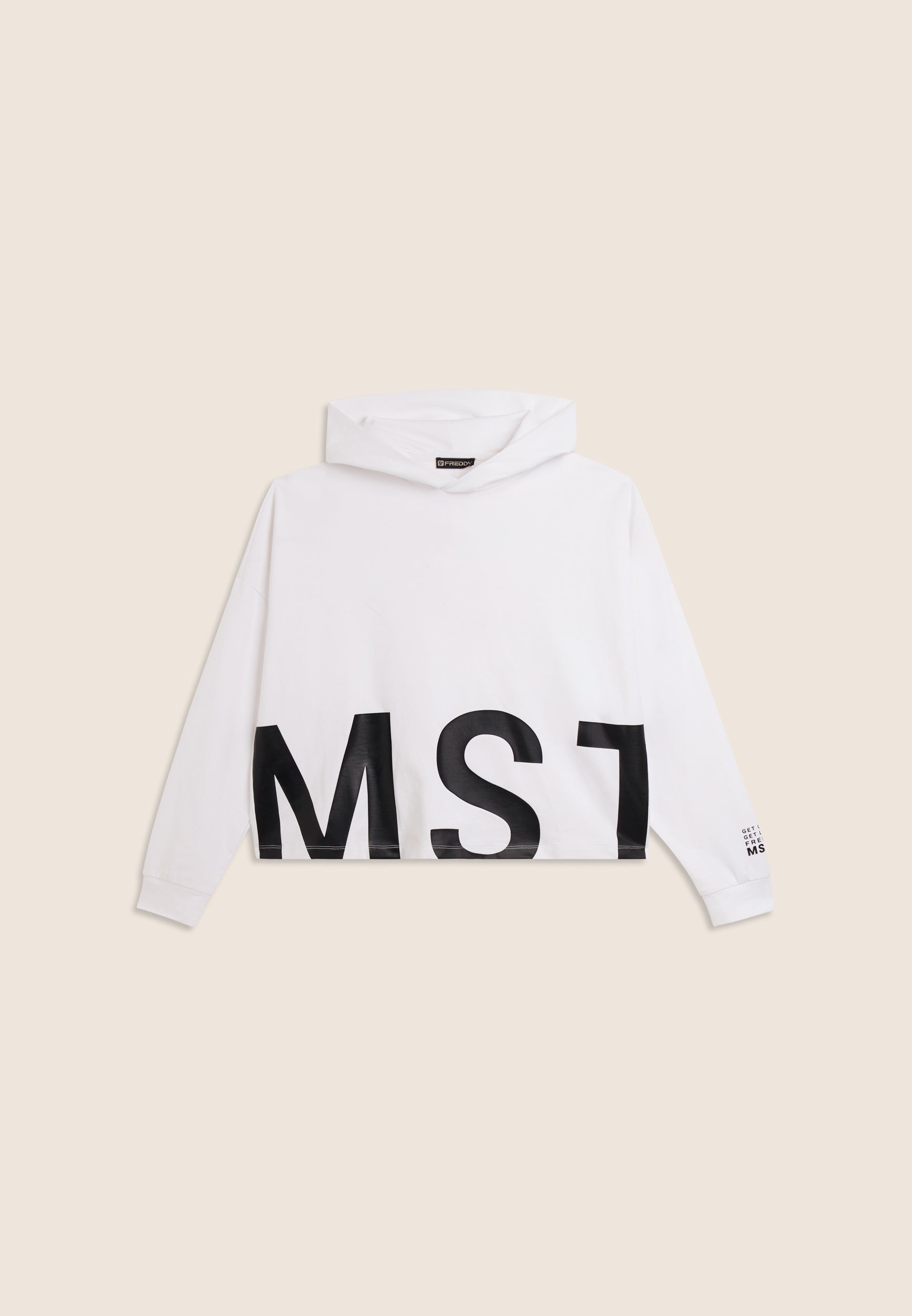 Oversize cropped mikina s kapucí a potiskem MST v bílé barvě