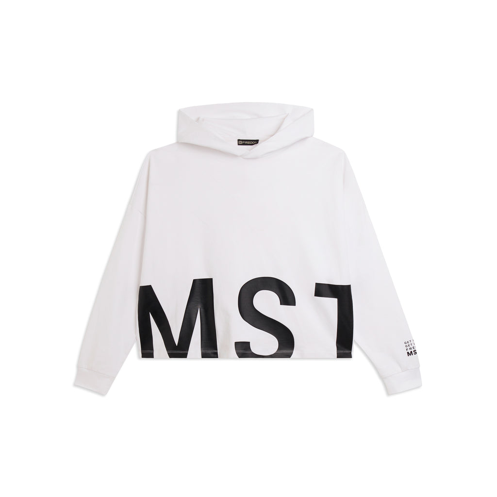 Oversize cropped mikina s kapucí a potiskem MST v bílé barvě