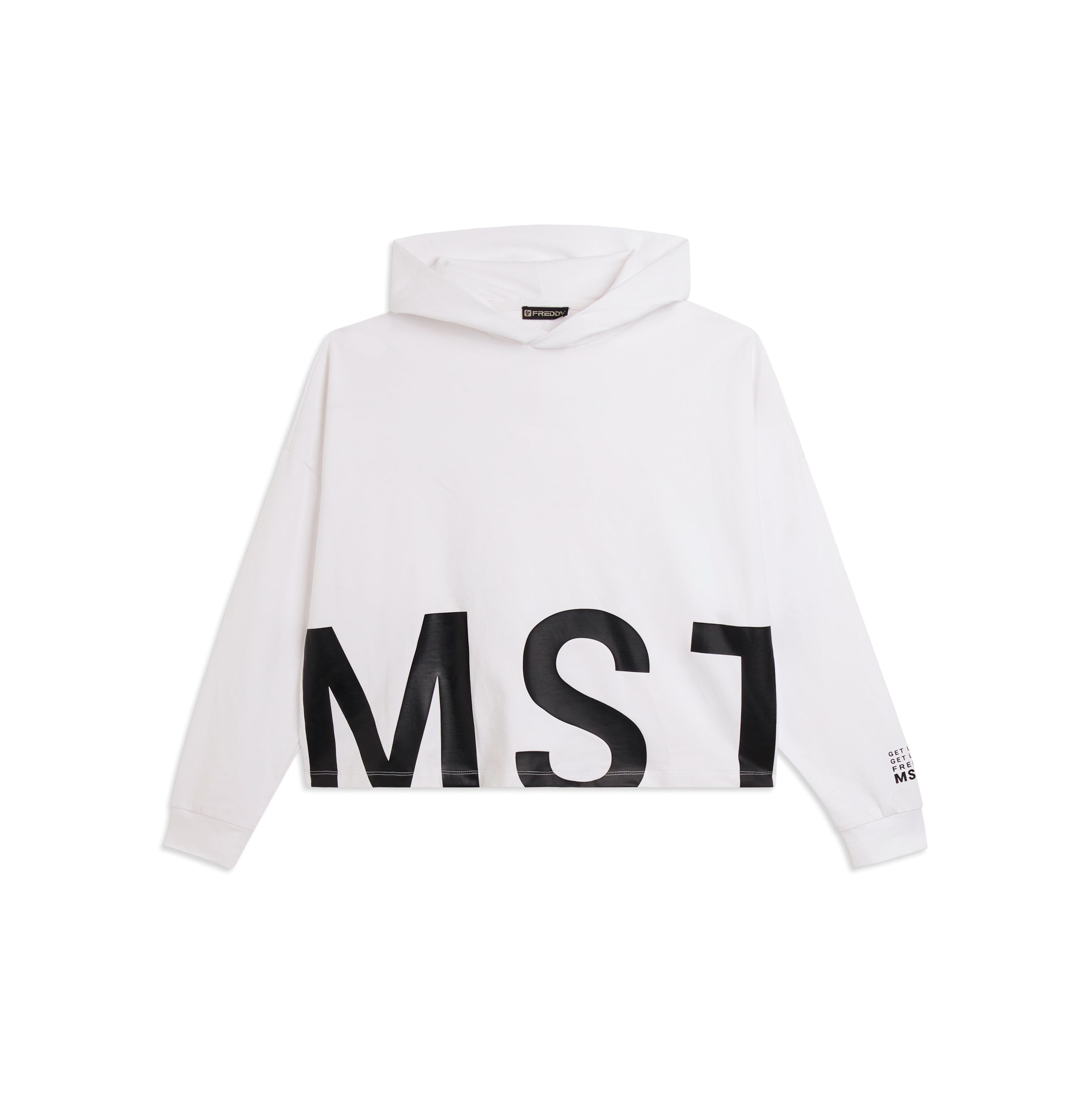 Oversize cropped mikina s kapucí a potiskem MST v bílé barvě