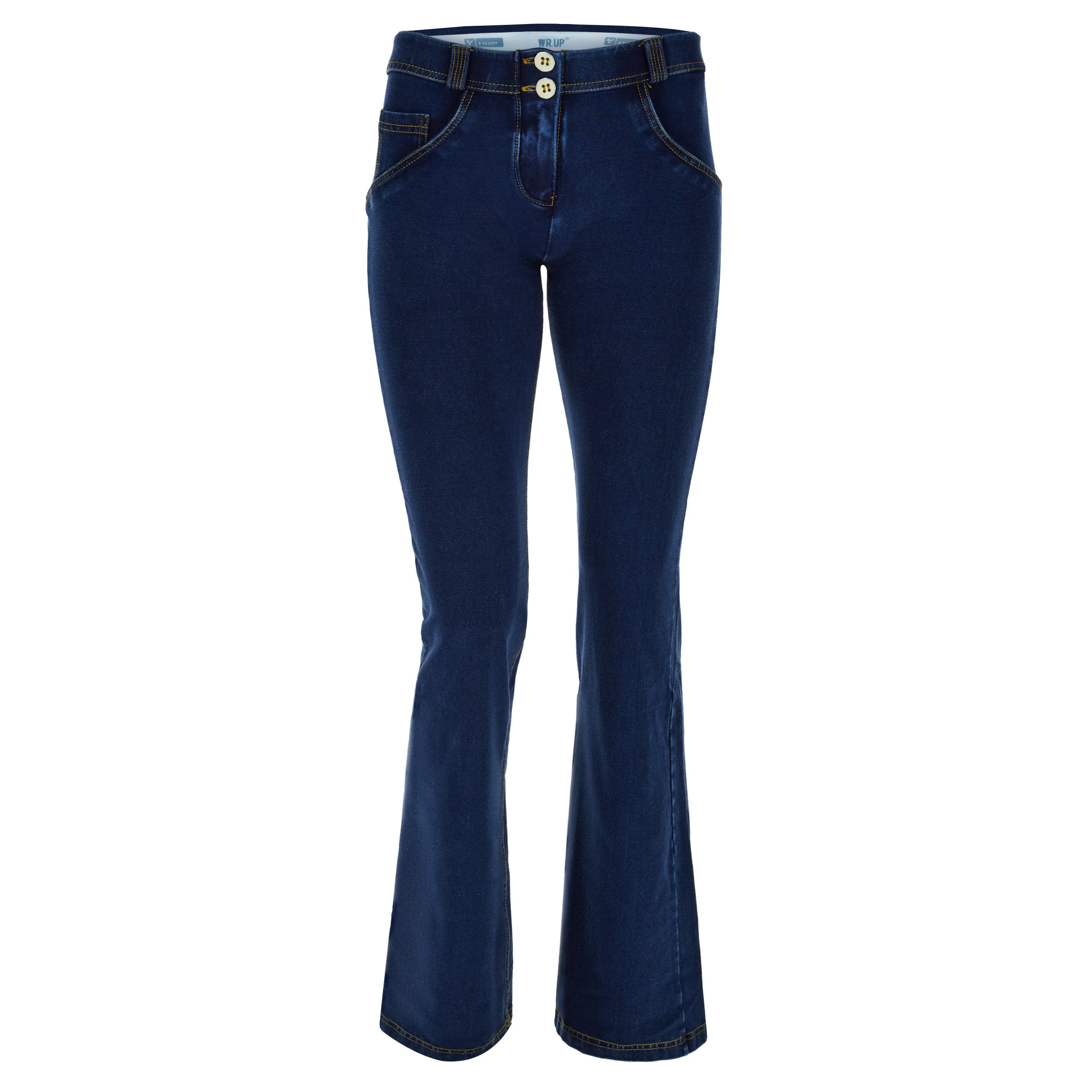 WR.UP® push-up jeggings s normálním pasem a rozšířenými nohavicemi z ekologického materiálu v tmavě modré, žlutý šev