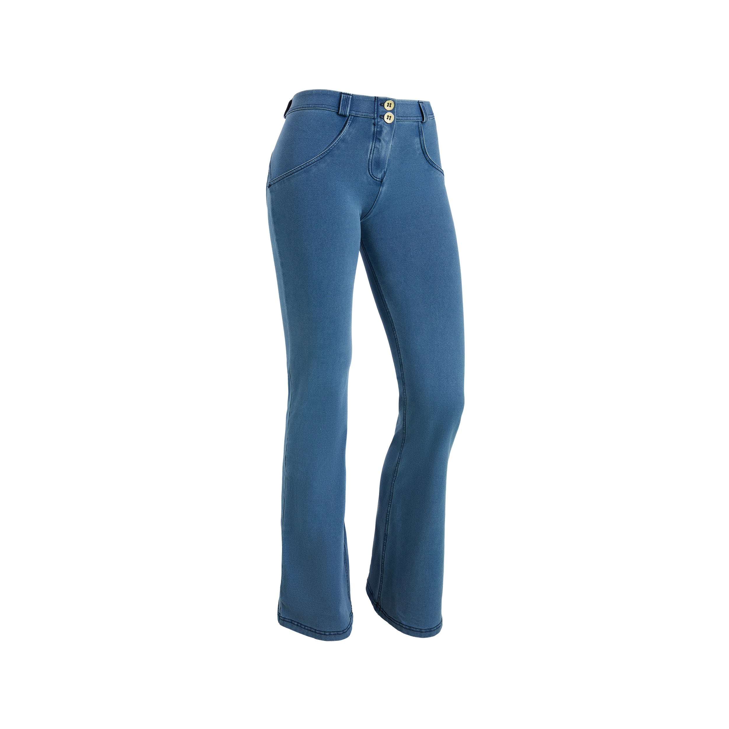 WR.UP® push-up jeggings s normálním pasem a rozšířenými nohavicemi z ekologického materiálu ve světle modré barvě