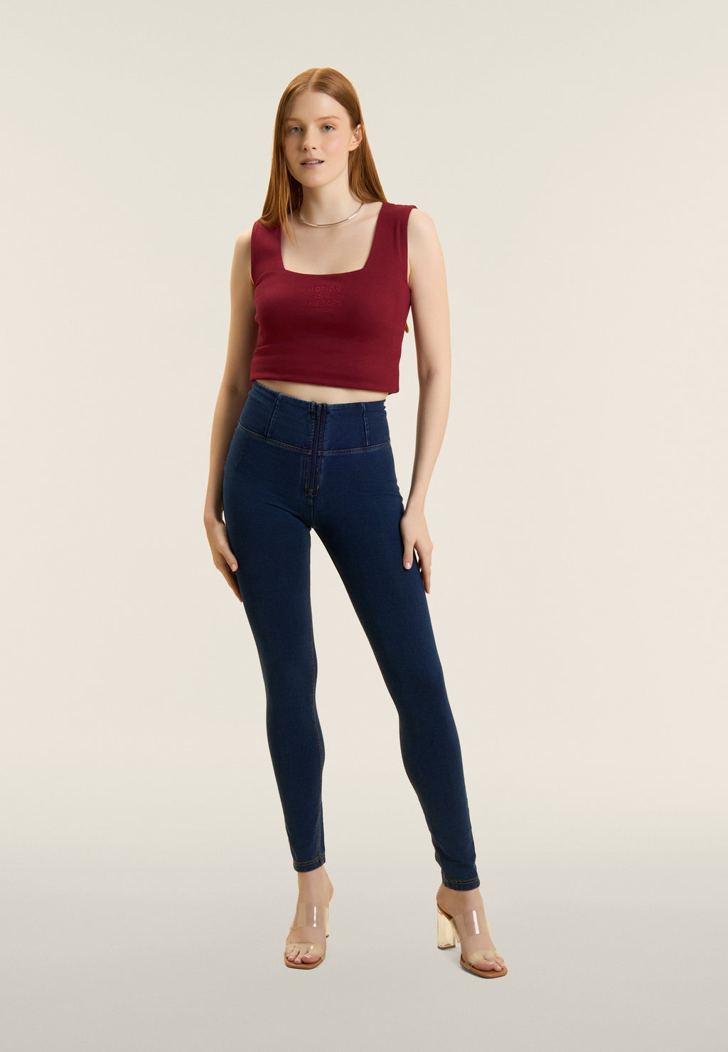 WR.UP® kalhoty s vysokým pasem a úzkým střihem (skinny) z pružného denimu v tmavě modré barvě, modrý šev