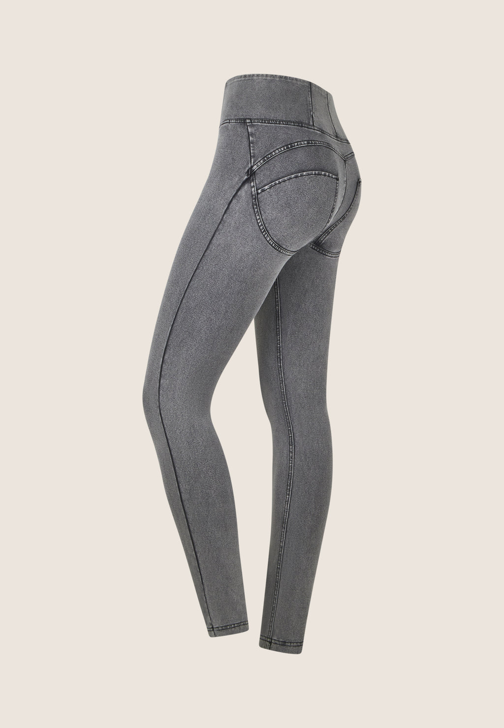 Freddy kalhoty WR.UP ® v džínové šedé, černý šev, vysoký pas, skinny střih, denim žerzej