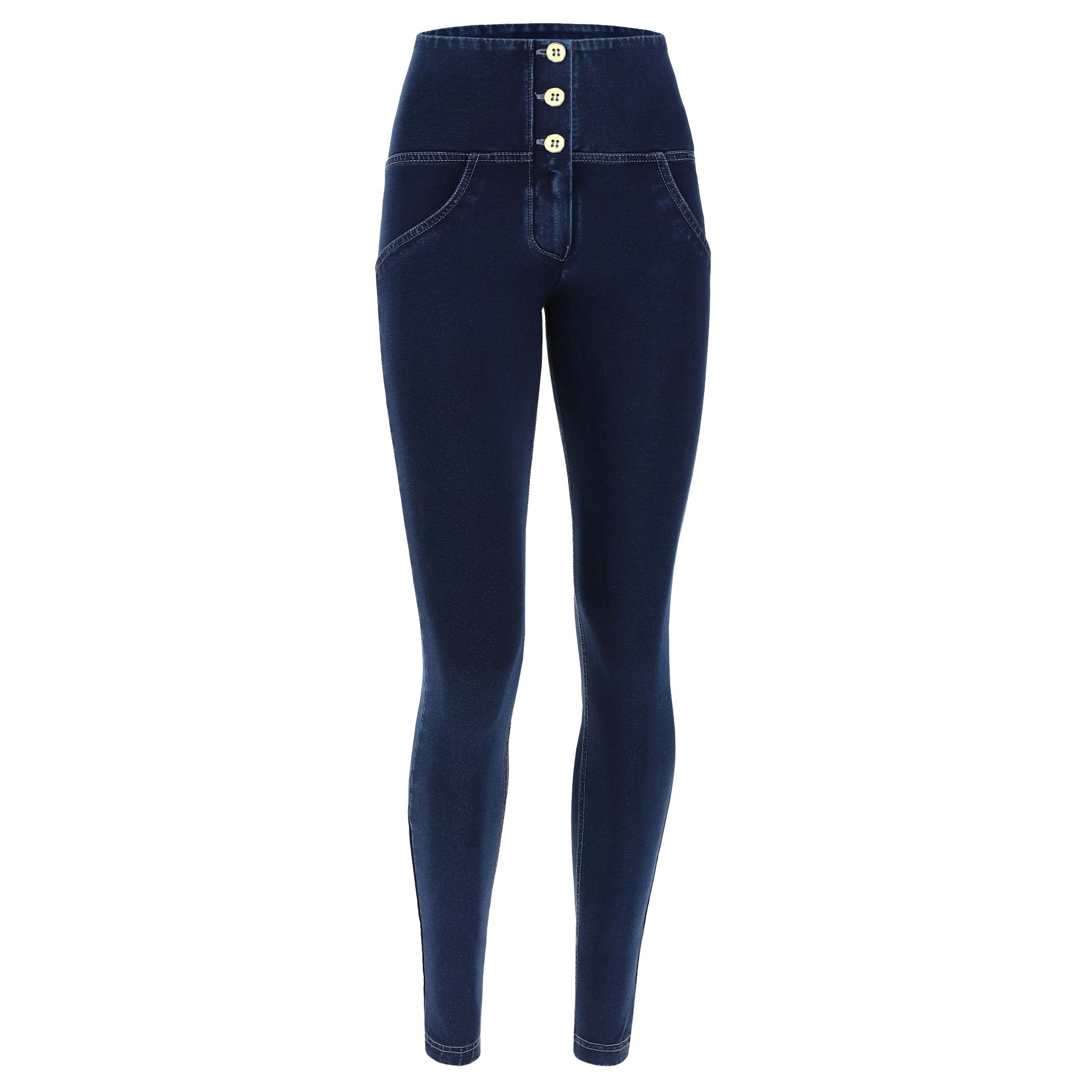 Freddy kalhoty WR.UP ® v džínově tmavě modré barvě, modré švy, vysoký pas, superskinny střih, 7/8 délka, denim žerzej