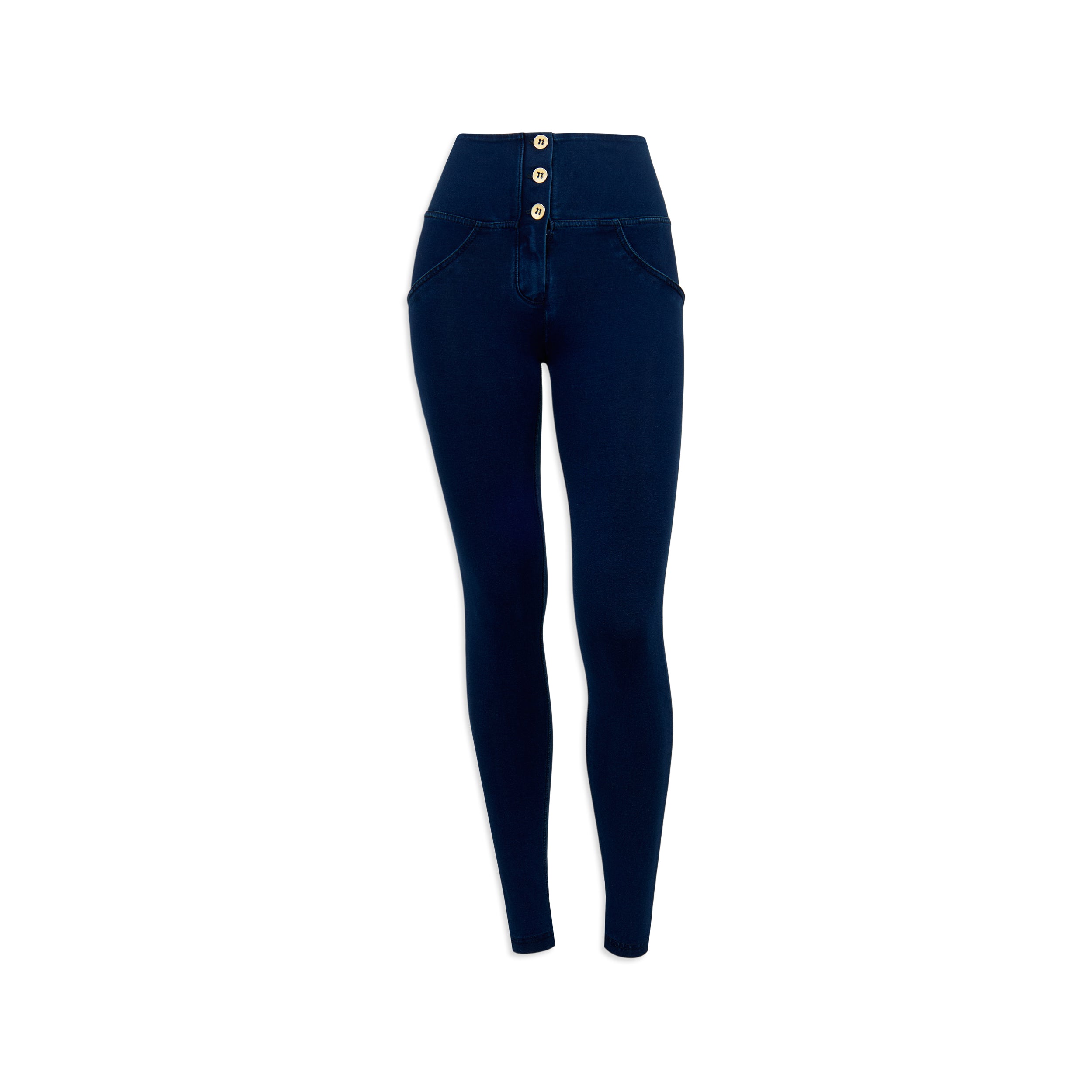 Freddy kalhoty WR.UP ® v džínově tmavě modré barvě, modré švy, vysoký pas, superskinny střih, 7/8 délka, denim žerzej