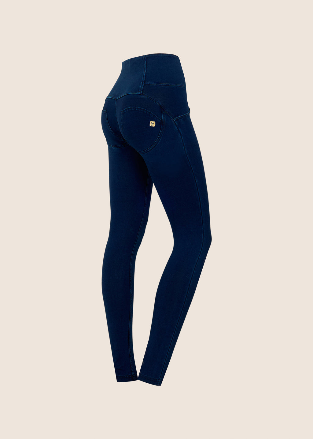 Freddy kalhoty WR.UP ® v džínově tmavě modré barvě, modré švy, vysoký pas, superskinny střih, 7/8 délka, denim žerzej
