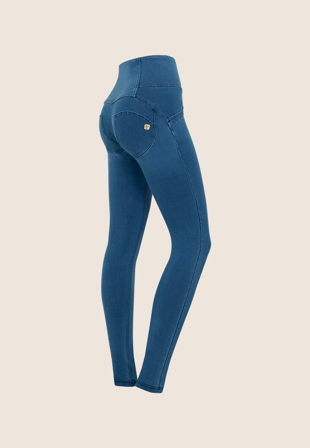 Freddy kalhoty WR.UP ® v džínově světle modré barvě, modré švy, vysoký pas, superskinny střih, 7/8 délka, denim žerzej