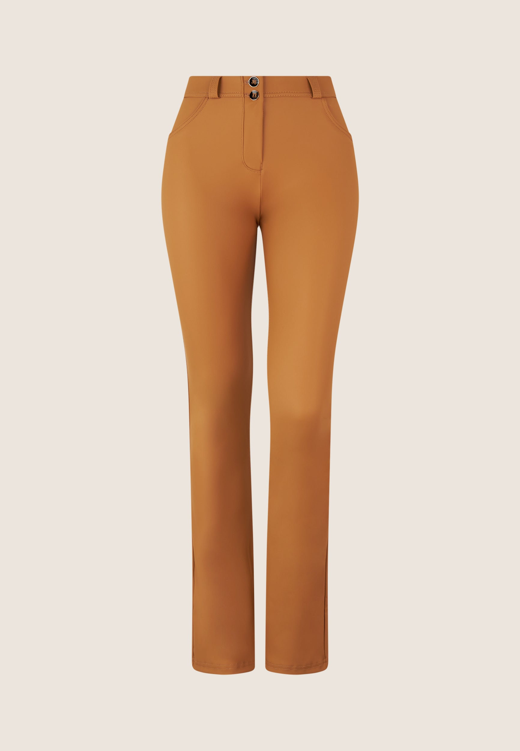 Freddy kalhoty WR.UP® kalhoty z umělé kůže v rozšířeném (bootcut) střihu s klasickým pasem ve světle hnědé barvě