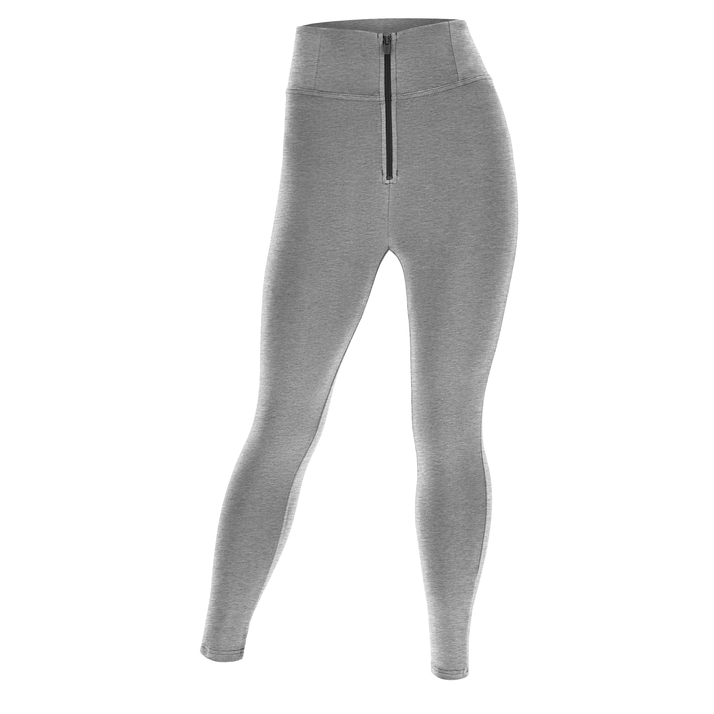 WR.UP® push-up 7/8 kalhoty v šedivé melírované barvě pro plnější postavu s vysokým pasem a zipem