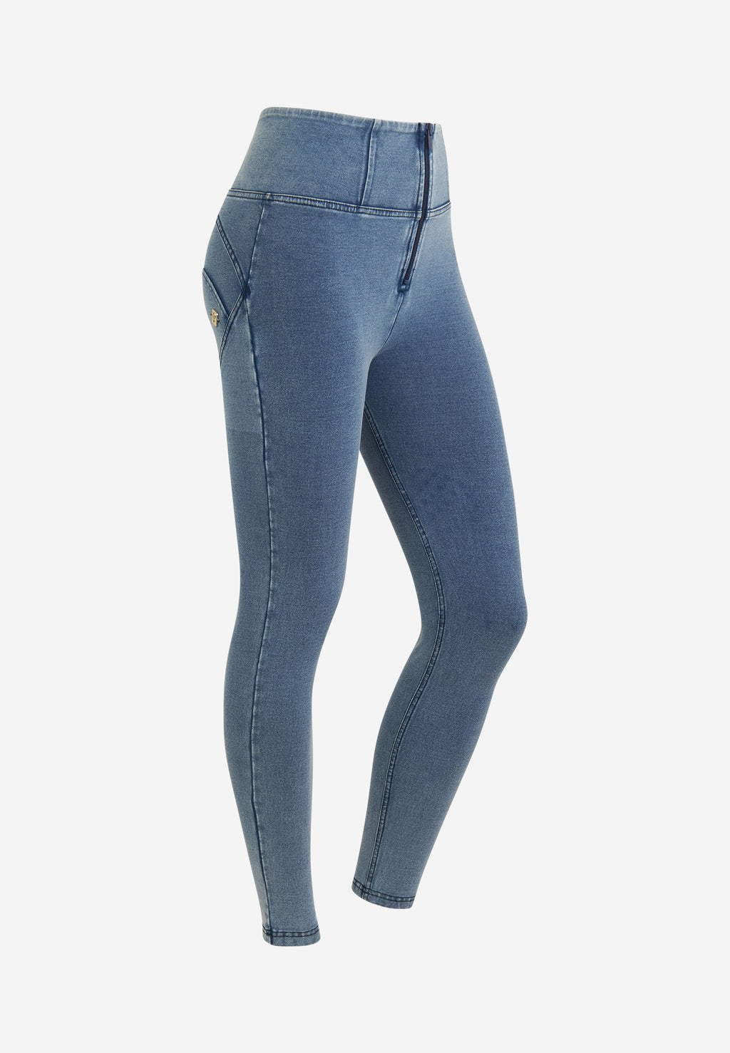 Freddy kalhoty WR.UP ® v džínové modré, vysoký pas, super skinny střih, 7/8 délka, denim žerzej