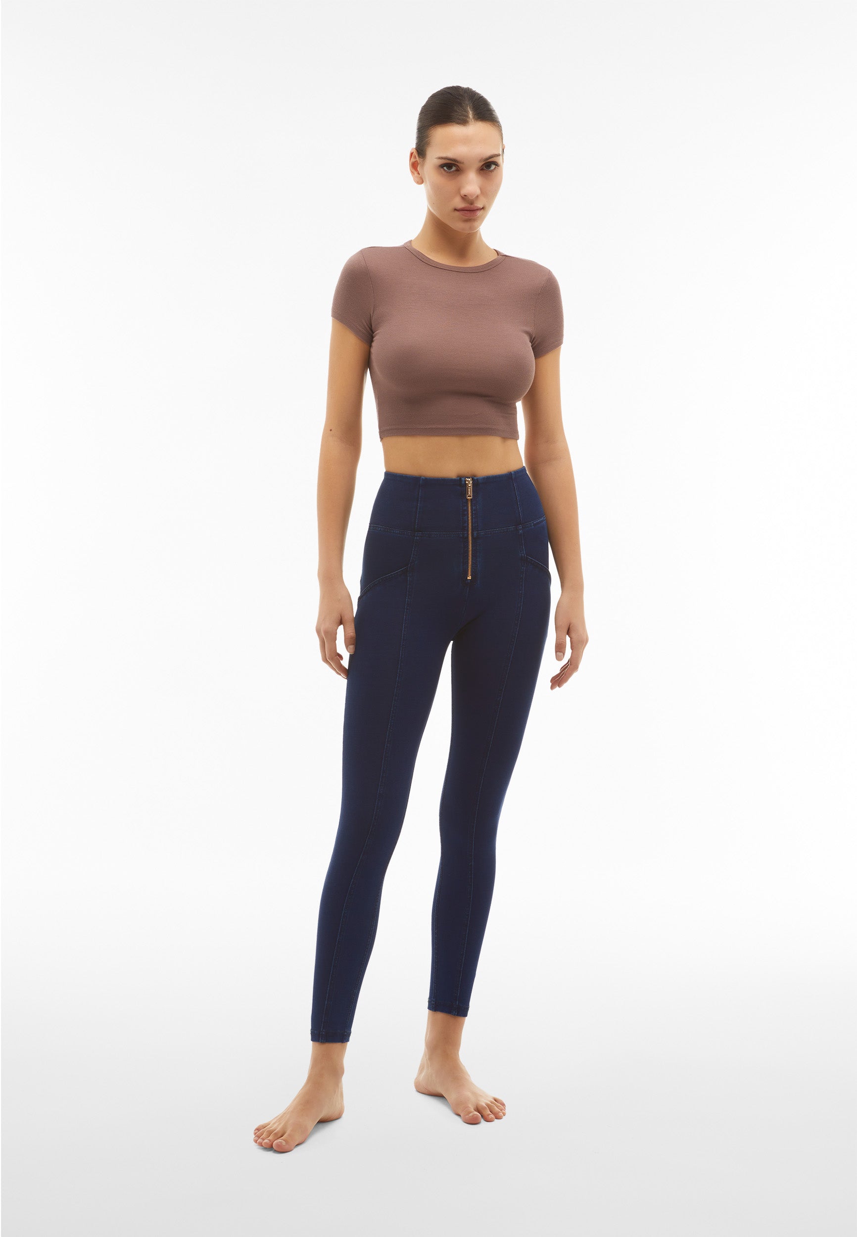 Freddy kalhoty WR.UP® shaping jeggings s vysokým pasem, se zipem a středovými švy v džínové modré barvě