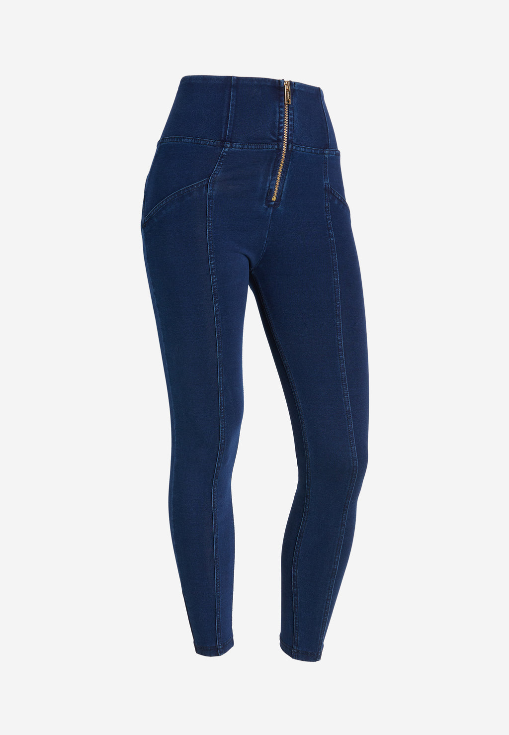 Freddy kalhoty WR.UP® shaping jeggings s vysokým pasem, se zipem a středovými švy v džínové modré barvě