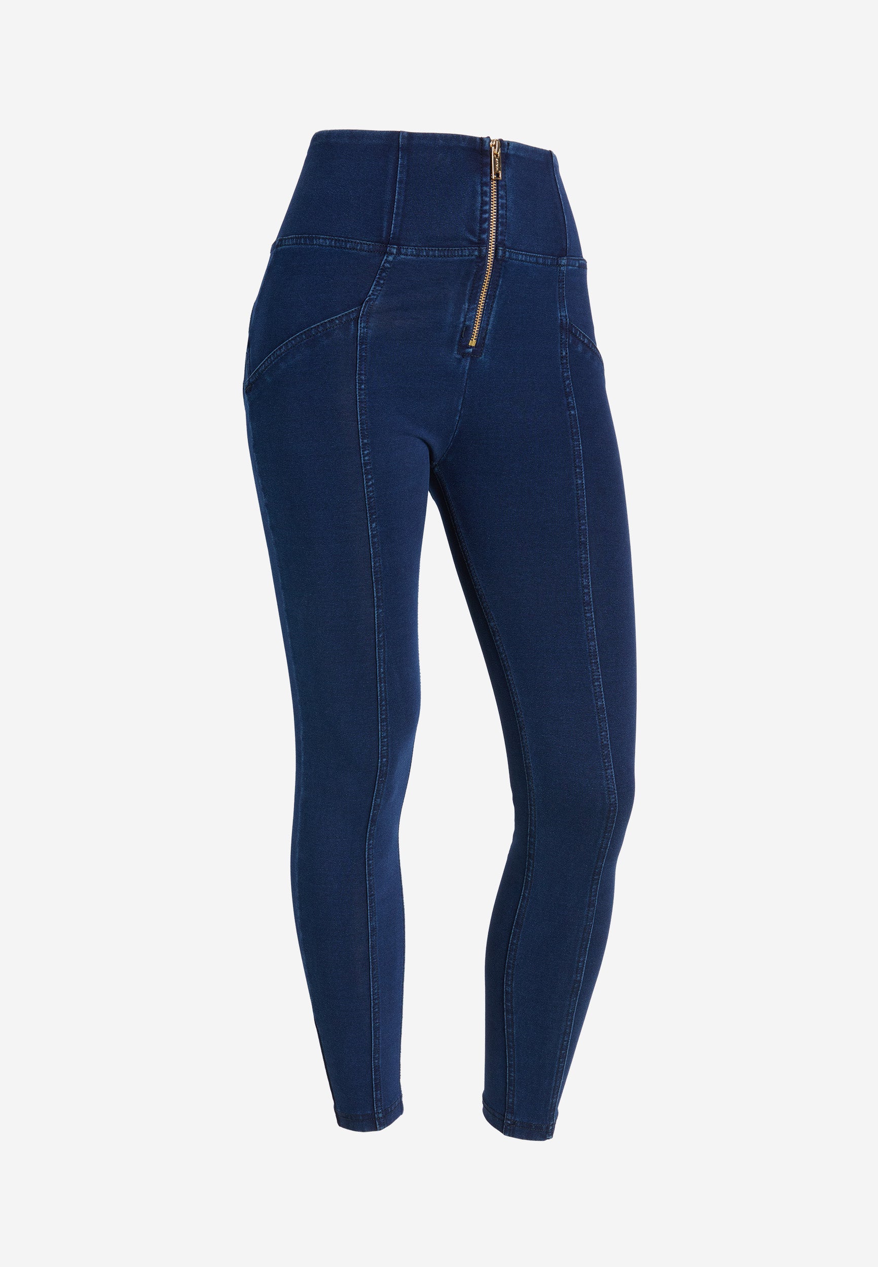 Freddy kalhoty WR.UP® shaping jeggings s vysokým pasem, se zipem a středovými švy v džínové modré barvě