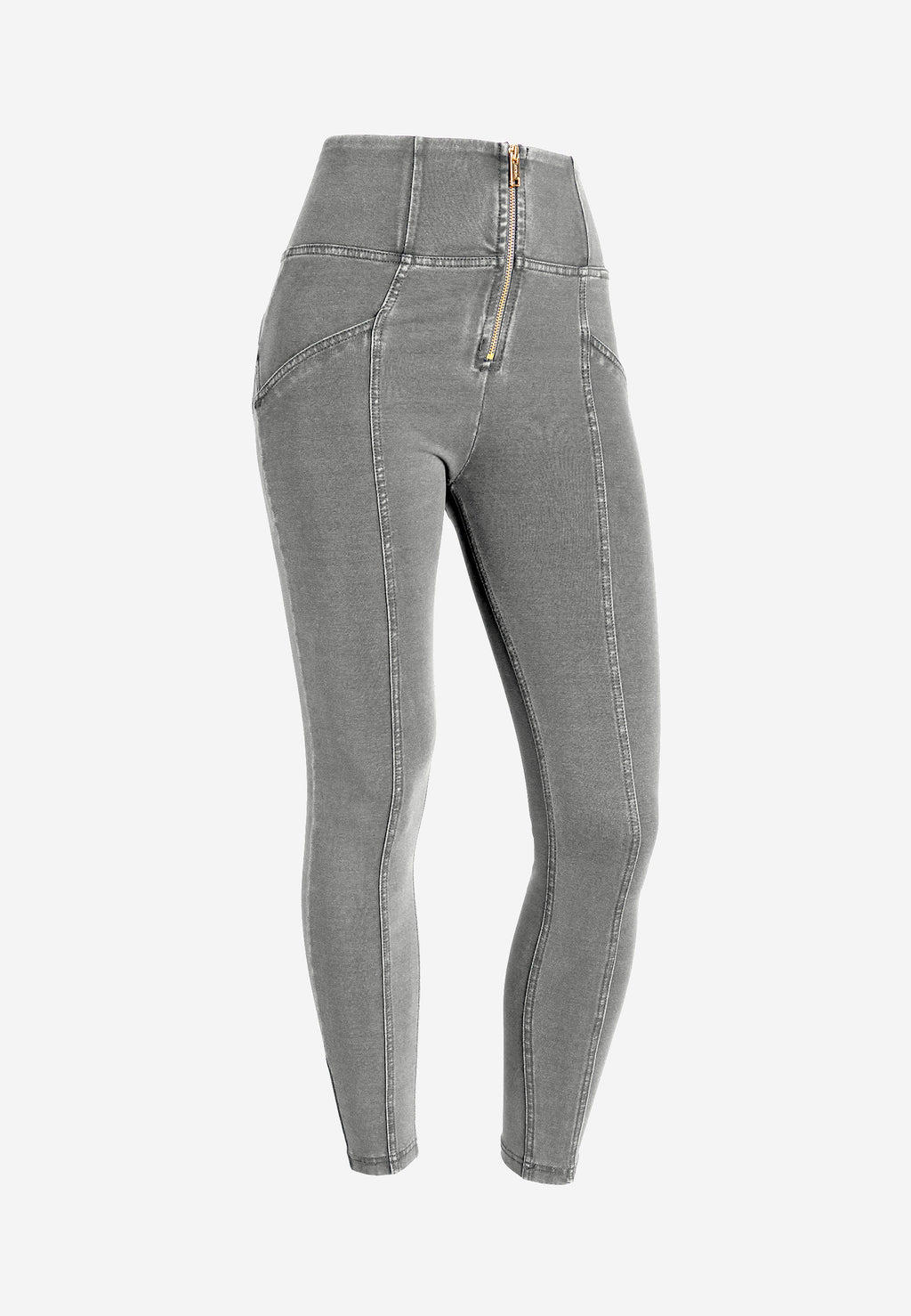 Freddy kalhoty WR.UP® shaping jeggings s vysokým pasem, se zipem a středovými švy v džínové šedé barvě