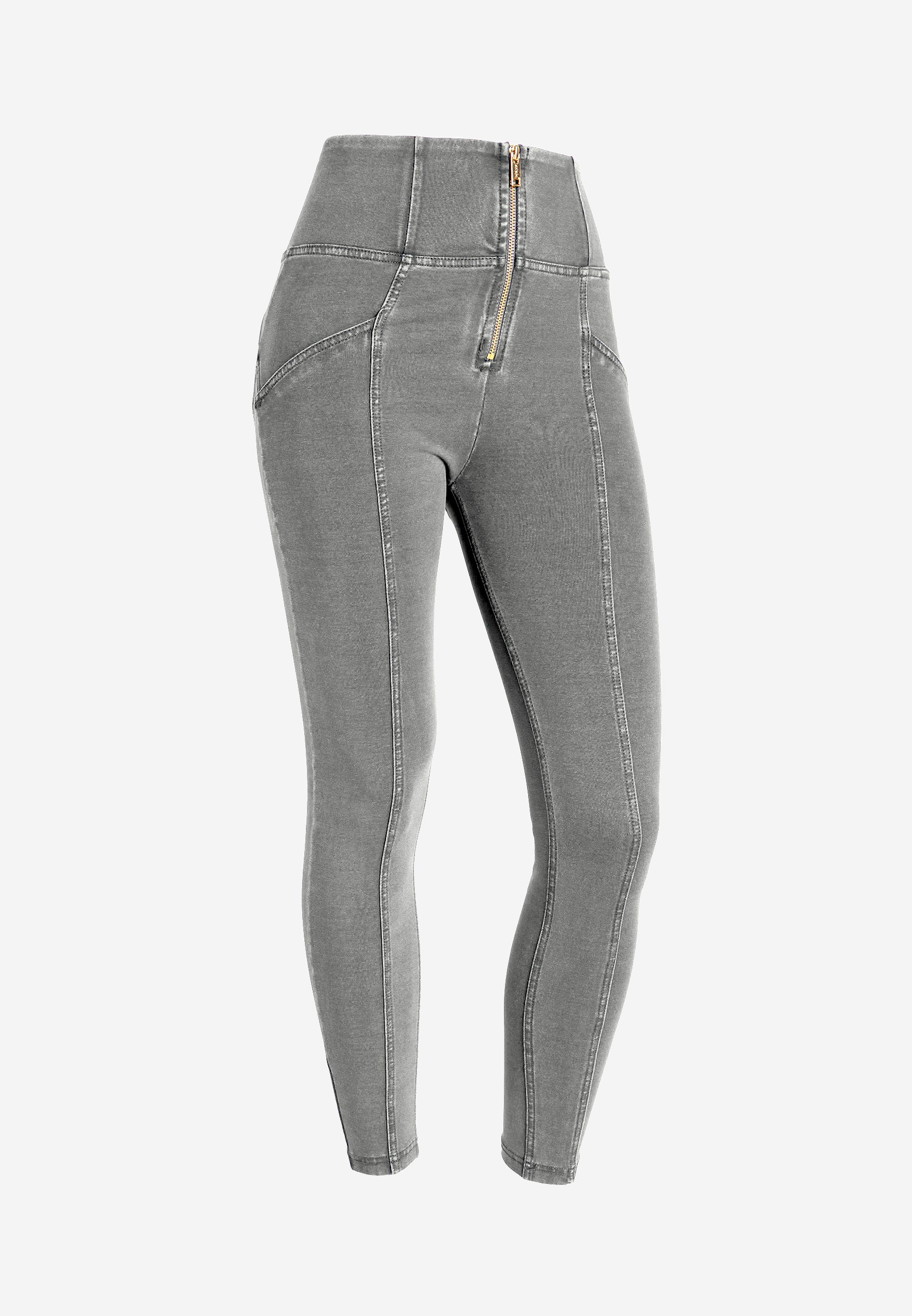 Freddy kalhoty WR.UP® shaping jeggings s vysokým pasem, se zipem a středovými švy v džínové šedé barvě