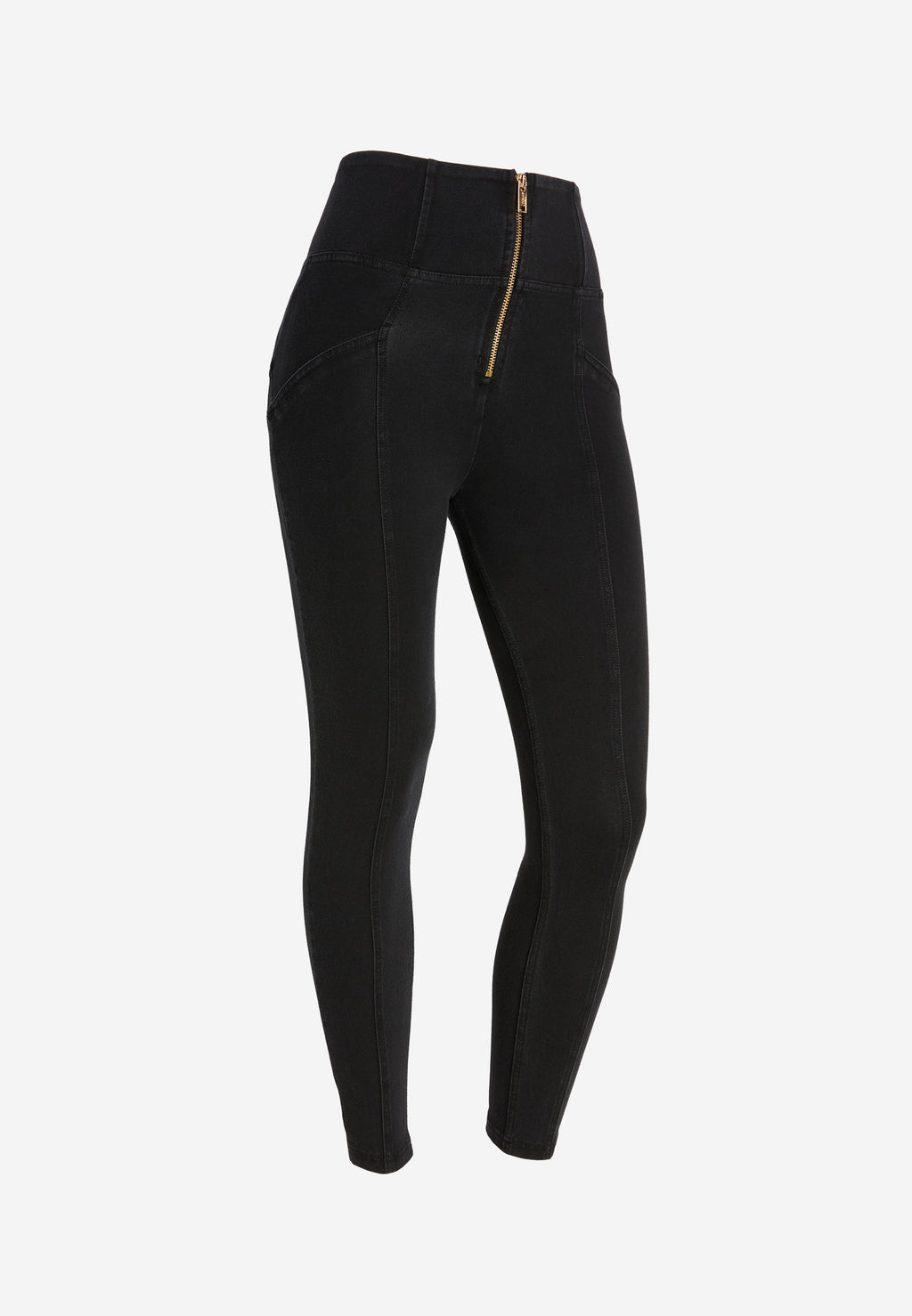 Freddy kalhoty WR.UP® shaping jeggings s vysokým pasem, se zipem a středovými švy v džínové černé barvě
