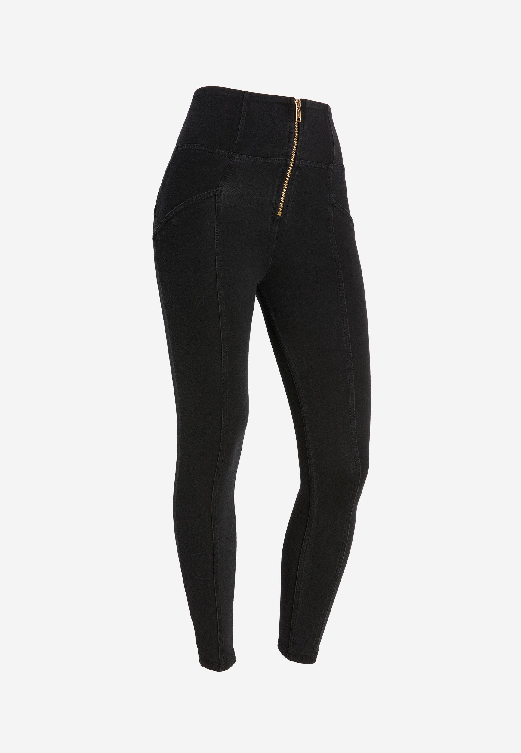 Freddy kalhoty WR.UP® shaping jeggings s vysokým pasem, se zipem a středovými švy v džínové černé barvě