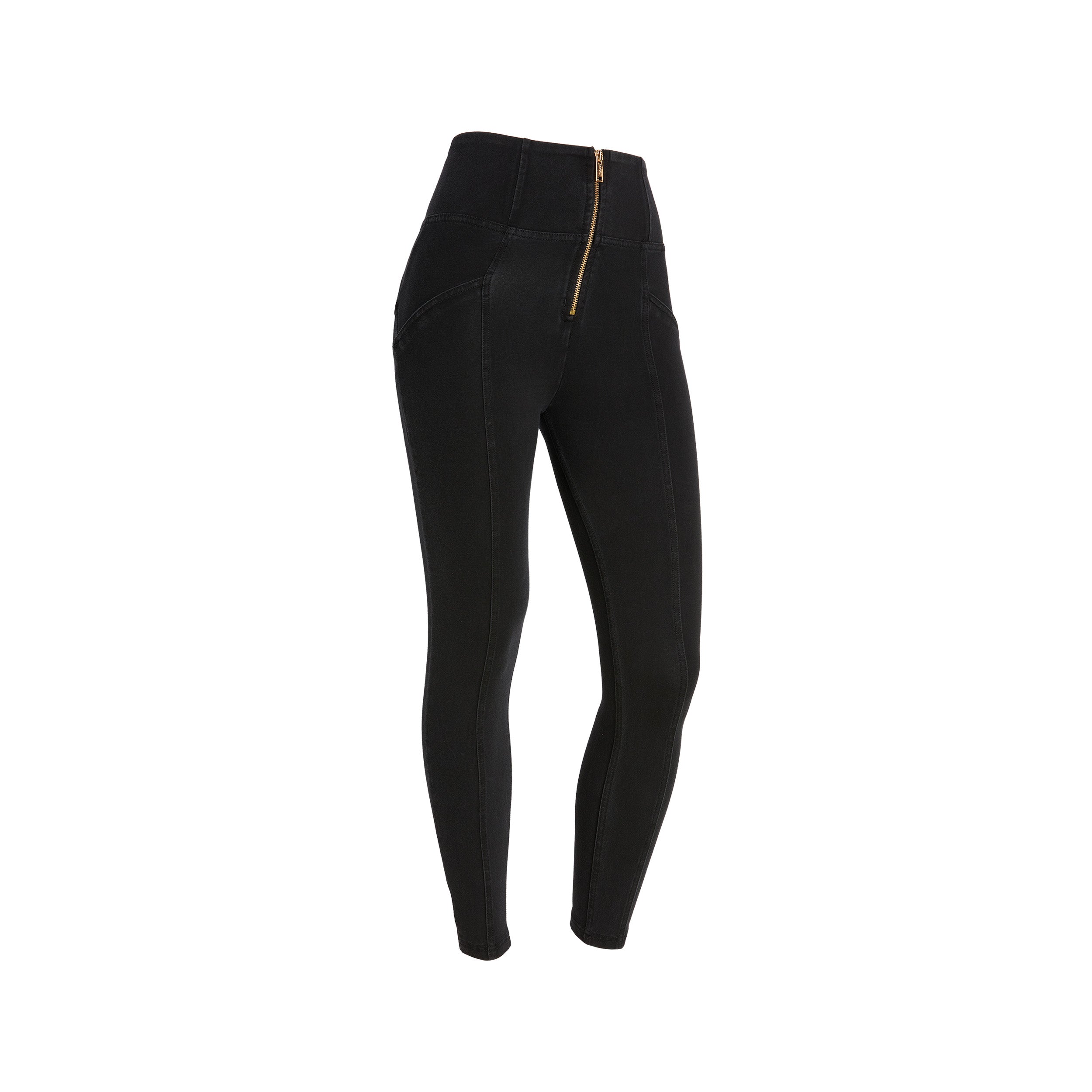 Freddy kalhoty WR.UP® shaping jeggings s vysokým pasem, se zipem a středovými švy v džínové černé barvě