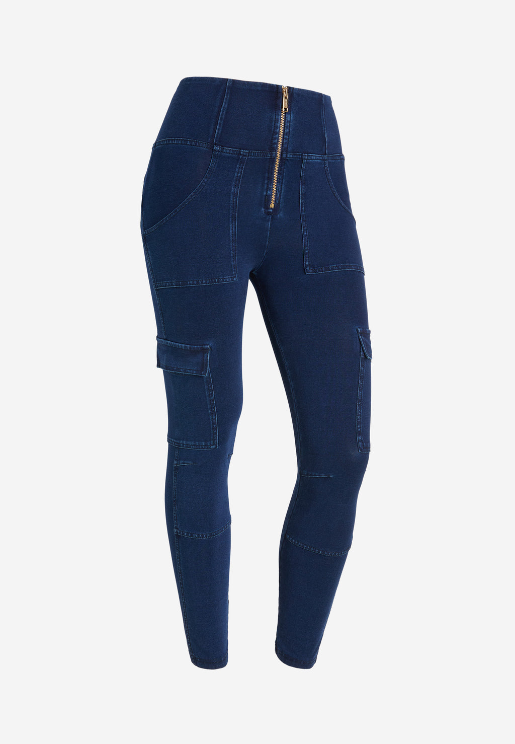 Freddy kalhoty WR.UP® WR.UP® jeggings v cargo stylu s vysokým pasem a délkou nohavic ke kotníkům v džínové modré barvě, modrý šev