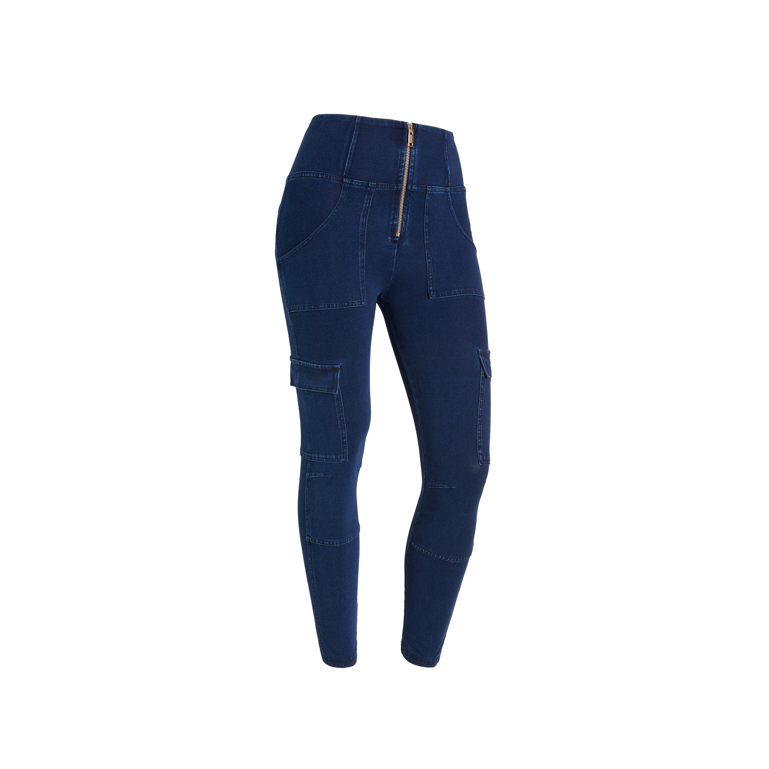 Freddy kalhoty WR.UP® WR.UP® jeggings v cargo stylu s vysokým pasem a délkou nohavic ke kotníkům v džínové modré barvě, modrý šev
