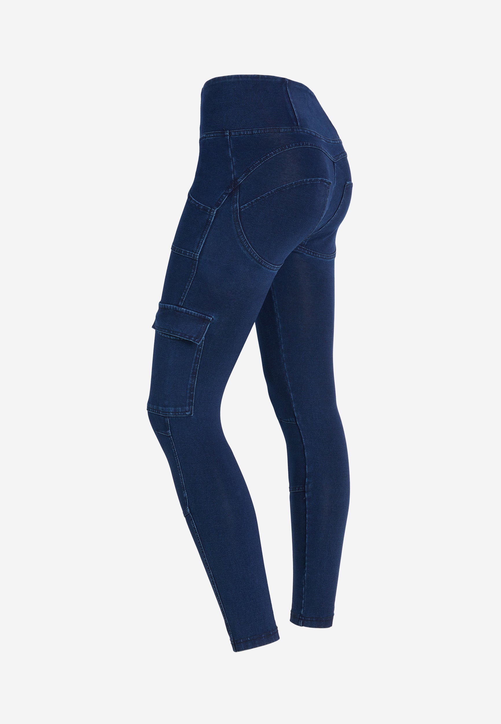 Freddy kalhoty WR.UP® WR.UP® jeggings v cargo stylu s vysokým pasem a délkou nohavic ke kotníkům v džínové modré barvě, modrý šev
