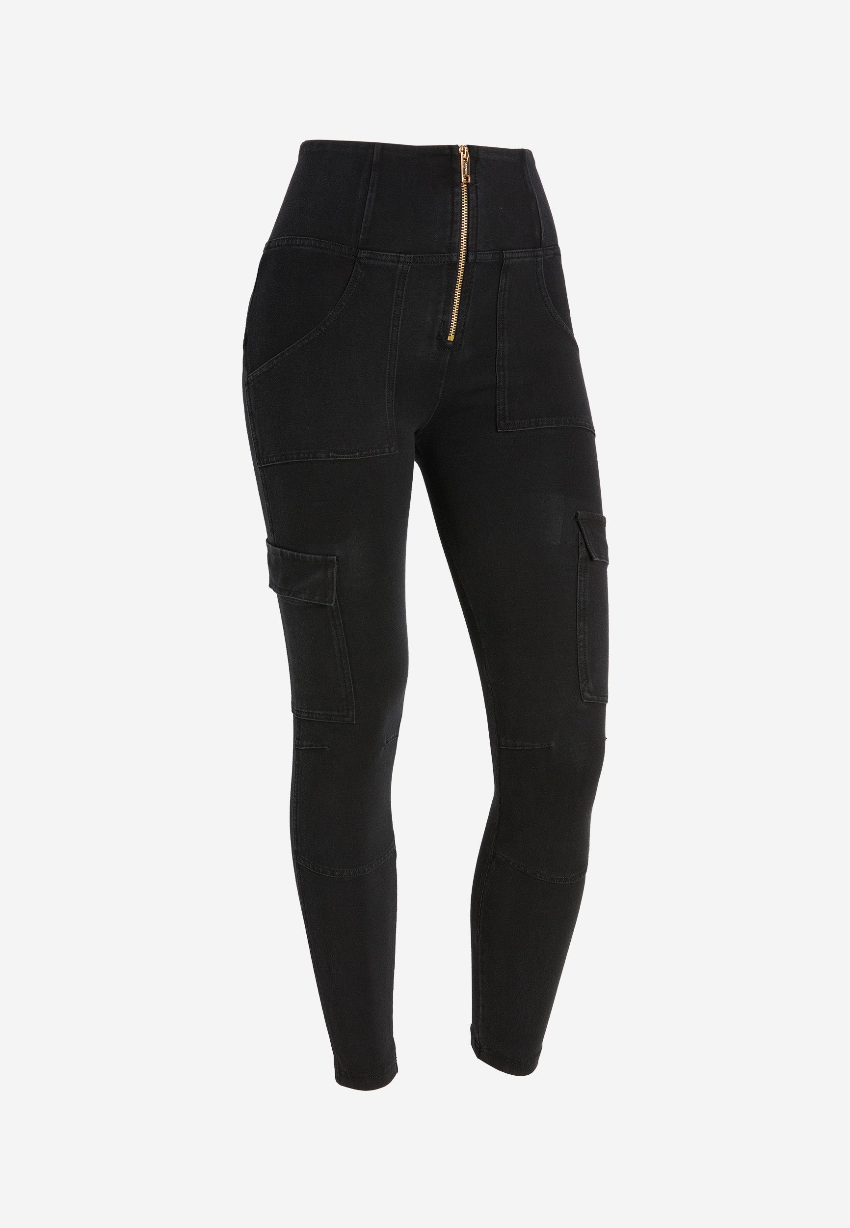 Freddy kalhoty WR.UP® WR.UP® jeggings v cargo stylu s vysokým pasem a délkou nohavic ke kotníkům v džínové černé barvě, černý šev