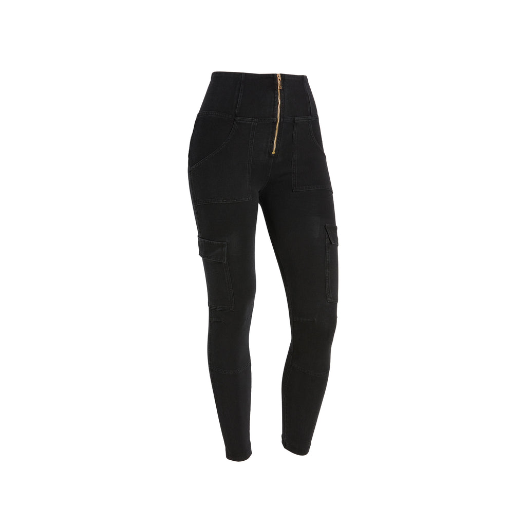 Freddy kalhoty WR.UP® WR.UP® jeggings v cargo stylu s vysokým pasem a délkou nohavic ke kotníkům v džínové černé barvě, černý šev