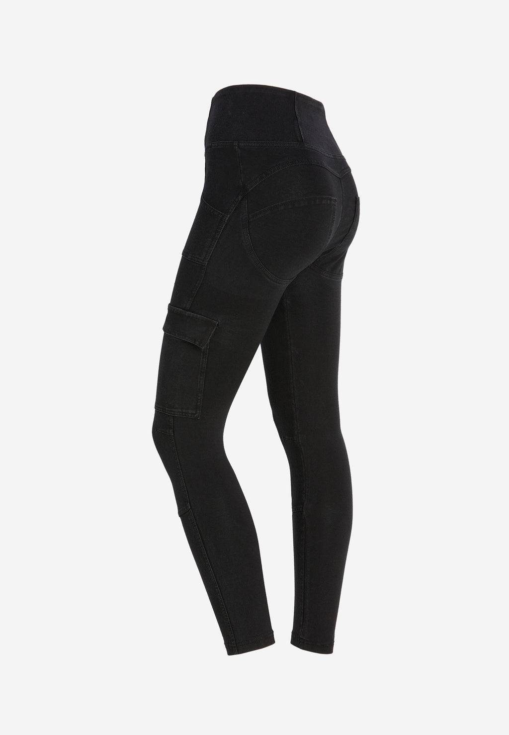 Freddy kalhoty WR.UP® WR.UP® jeggings v cargo stylu s vysokým pasem a délkou nohavic ke kotníkům v džínové černé barvě, černý šev