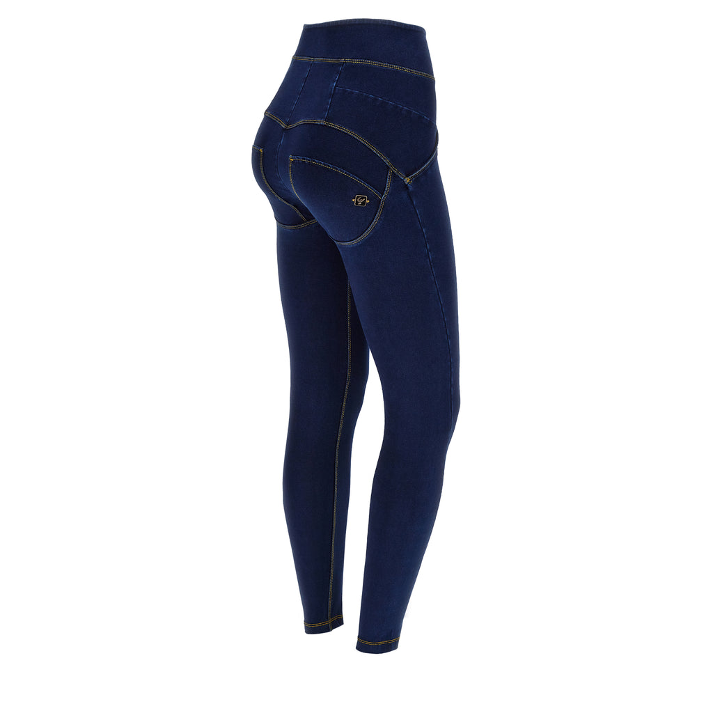 Freddy kalhoty WR.UP® jeggings v délce ke kotníkům s ultra vysokým pasem a rozparky na spodním lemu nohavic v džínové modré, žlutý šev