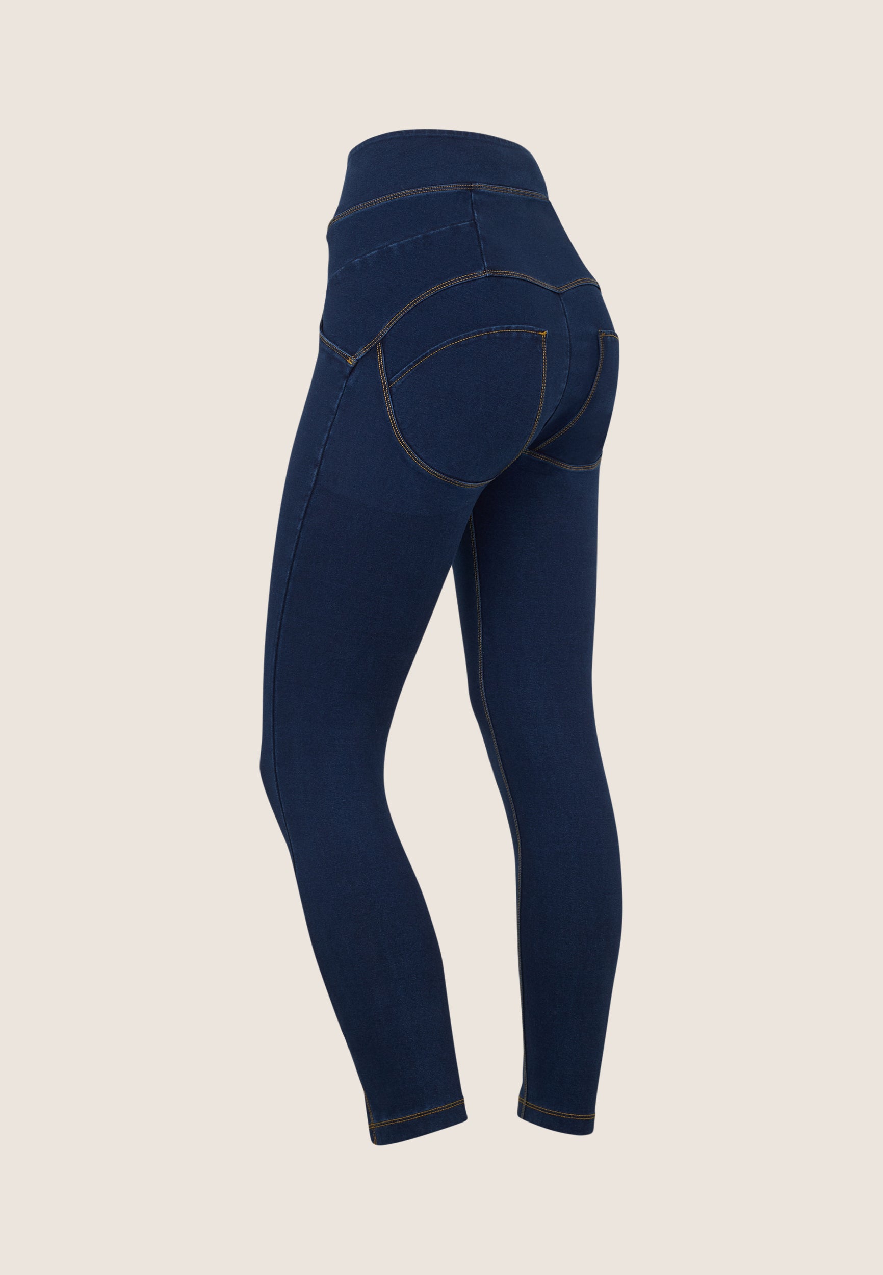 Freddy kalhoty WR.UP® jeggings v délce ke kotníkům s ultra vysokým pasem a rozparky na spodním lemu nohavic v džínové modré, žlutý šev