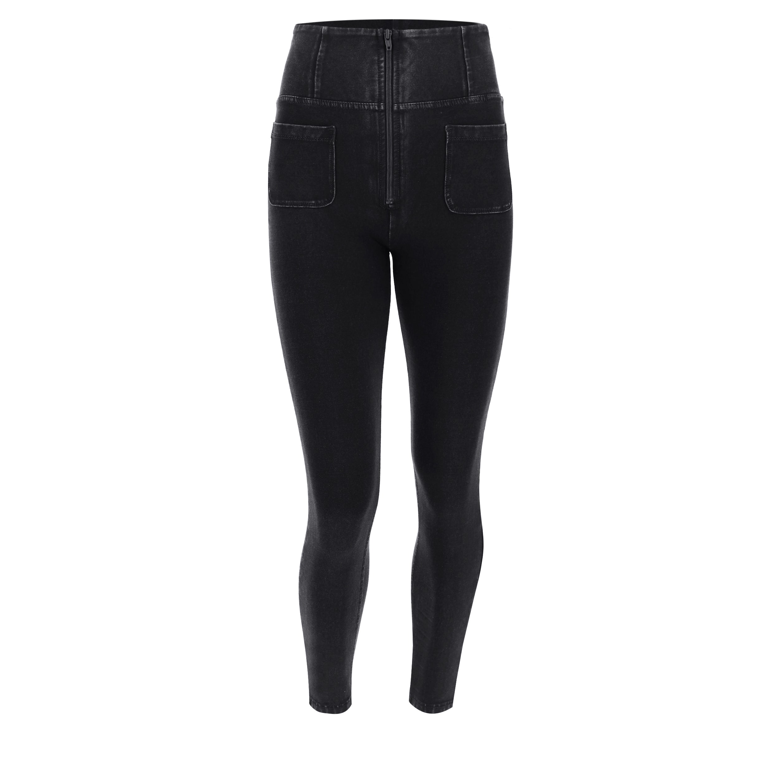 Freddy kalhoty WR.UP® jeggings se super vysokým pasem a našitými kapsami v černé barvě, černý šev